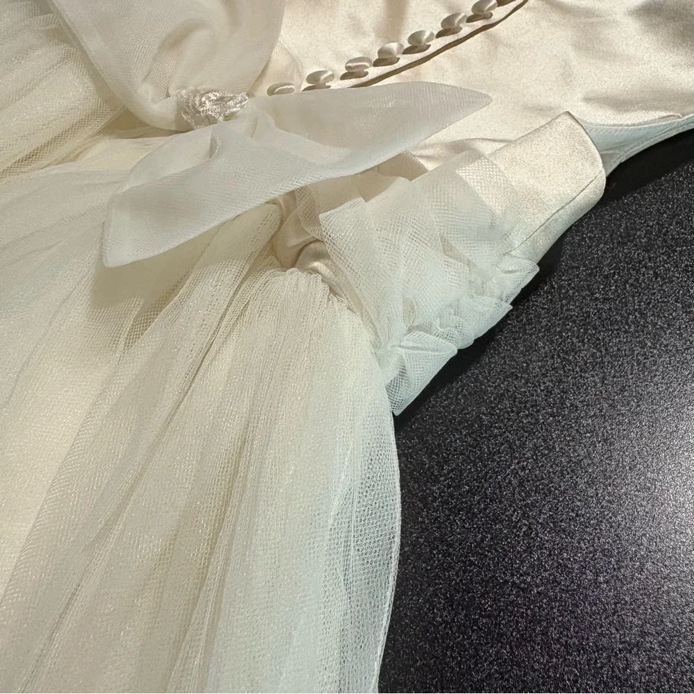 Flower girl communion rum pink Elegant Cream Kids Dress with‎ Bow satin tulle 3 - Picture 6 of 9